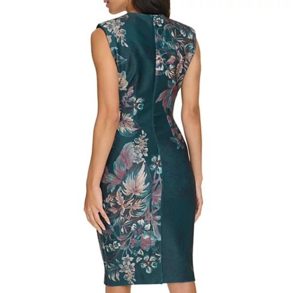 New! CALVIN KLEIN Green Multi Floral-Print Sleeveless Sheath Dress - Picture 3 of 3